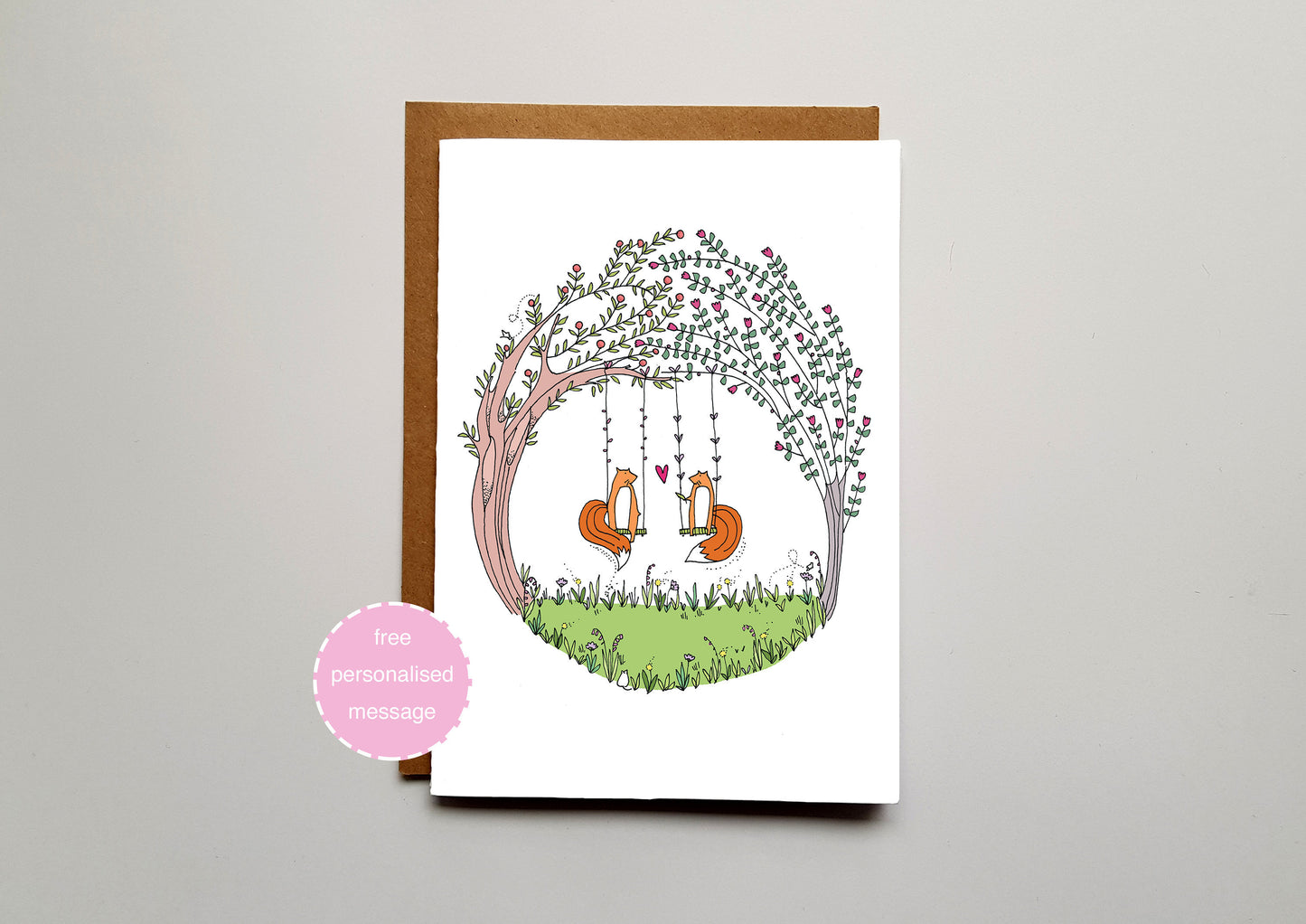 Summer Fox Love Valentines / Anniversary Card - Foxes on Swings with Shimmer Effect