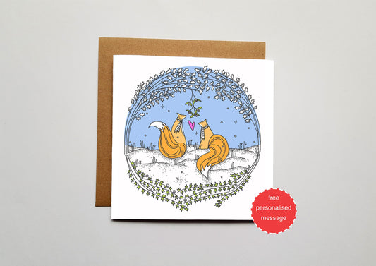 Mistletoe Fox Love Valentines / Anniversary Card - Snowy Christmas Scene with Shimmer Effect
