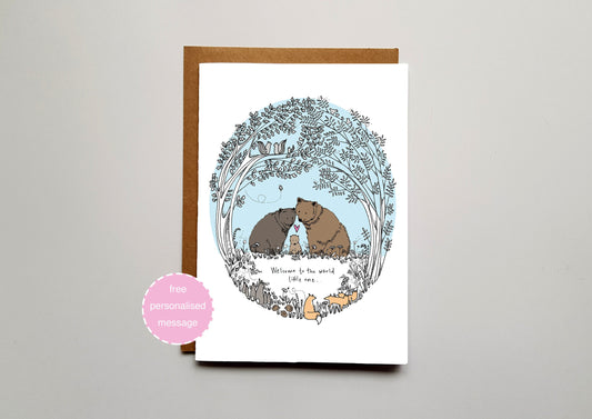 Baby Bear New Baby Card - Woodland Animals with Shimmer Effect