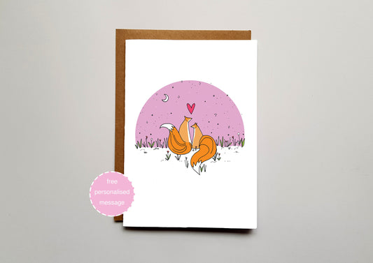 Foxes in Love Valentines / Anniversary Card - Teal Background with Shimmer Effect