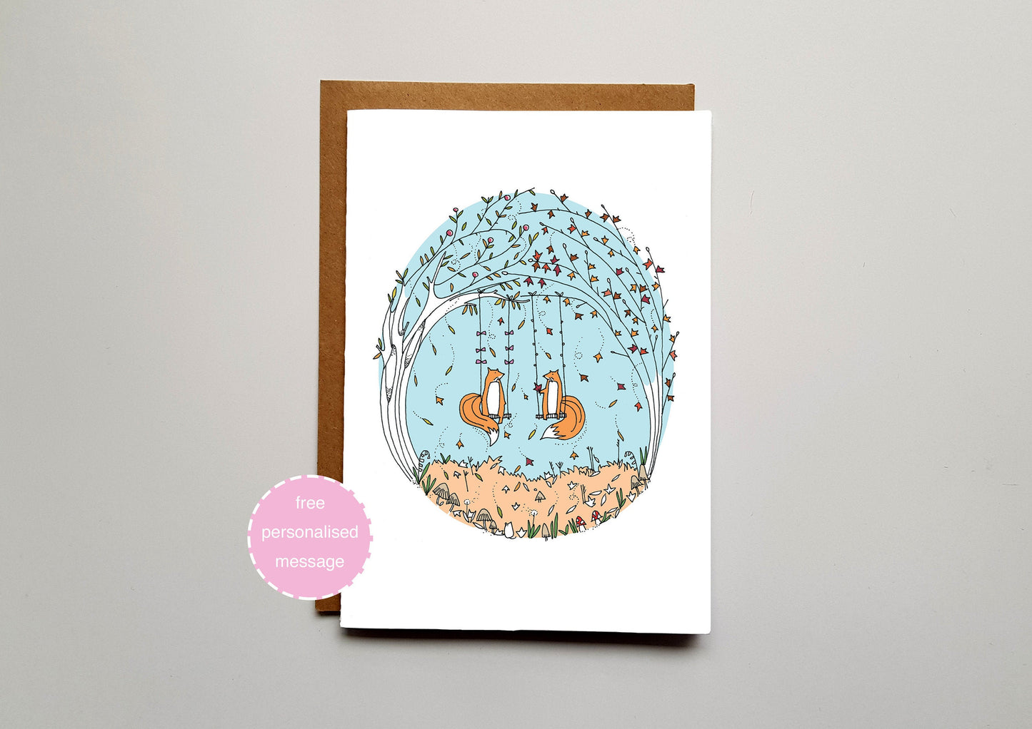 Autumn Fox Love Valentines / Anniversary Card - Foxes on Swings with Shimmer Effect