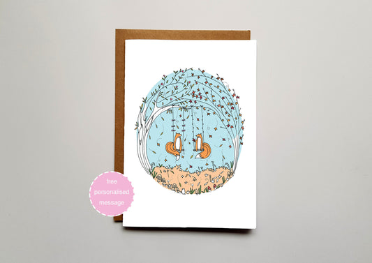 Autumn Fox Love Valentines / Anniversary Card - Foxes on Swings with Shimmer Effect