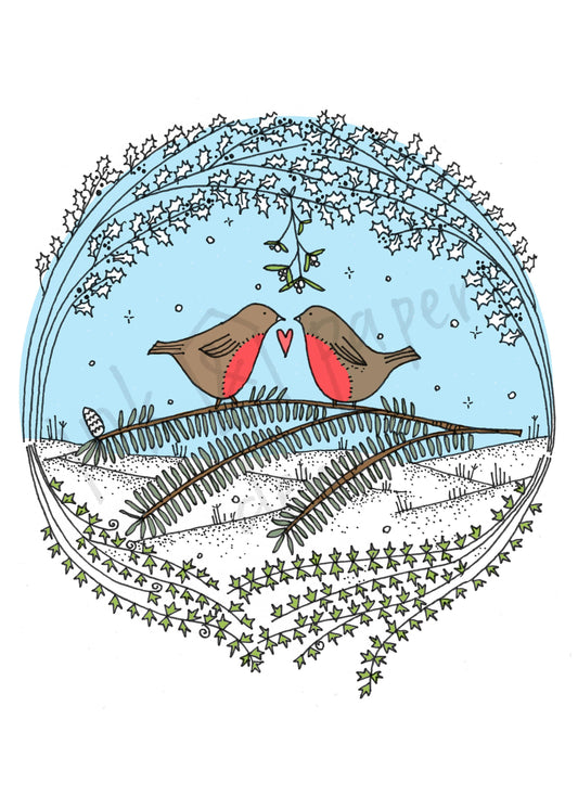 Christmas Love Robins Valentines / Anniversary / Christmas Card - Snowy Christmas Scene with Shimmer Effect