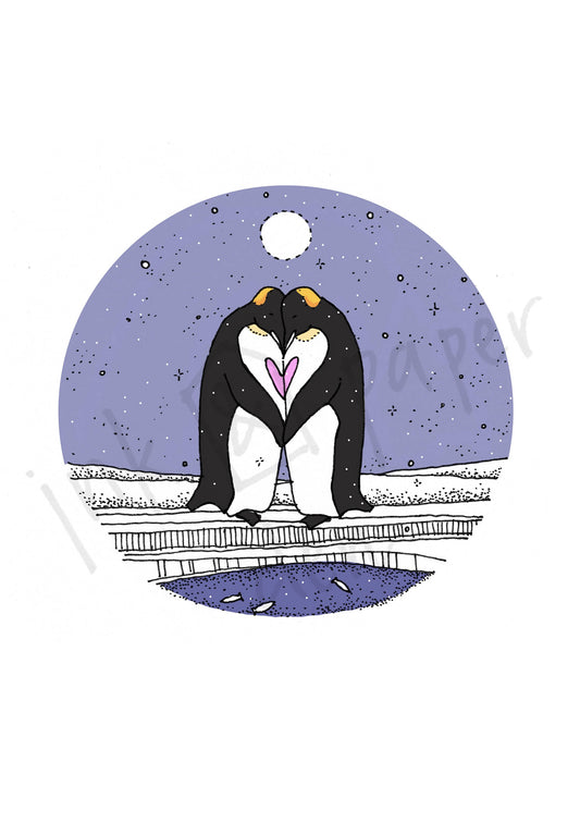 Penguin Love Valentines / Anniversary Card - Antarctic Love Scene with Shimmer Effect