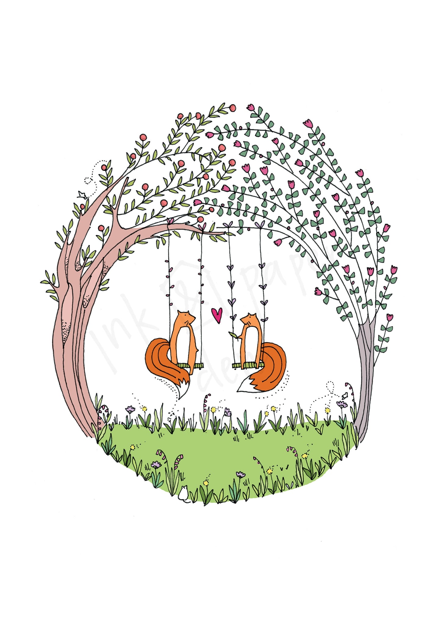 Summer Fox Love Valentines / Anniversary Card - Foxes on Swings with Shimmer Effect