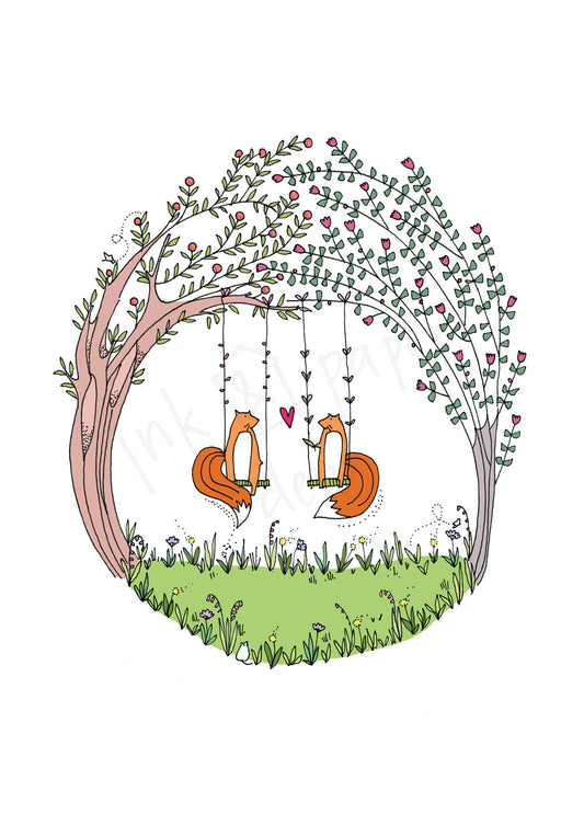 Summer Fox Love Valentines / Anniversary Card - Foxes on Swings with Shimmer Effect