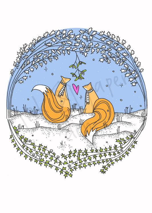 Mistletoe Fox Love Valentines / Anniversary Card - Snowy Christmas Scene with Shimmer Effect