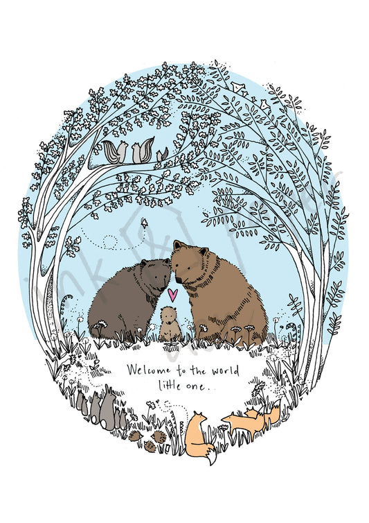 Baby Bear New Baby Card - Woodland Animals with Shimmer Effect
