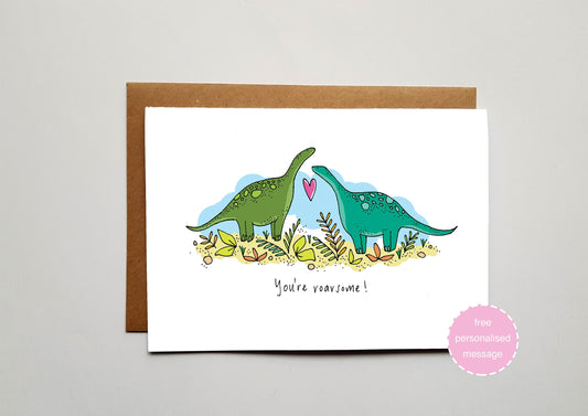 DInosaur Love Valentines / Anniversary Card - 'You're Roarsome!' with Shimmer Effect