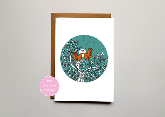 Squirrels in Love Valentines / Anniversary Card - Teal Background with Shimmer Effect