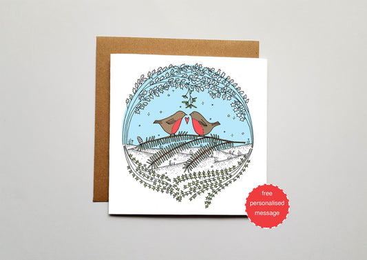 Christmas Love Robins Valentines / Anniversary / Christmas Card - Snowy Christmas Scene with Shimmer Effect